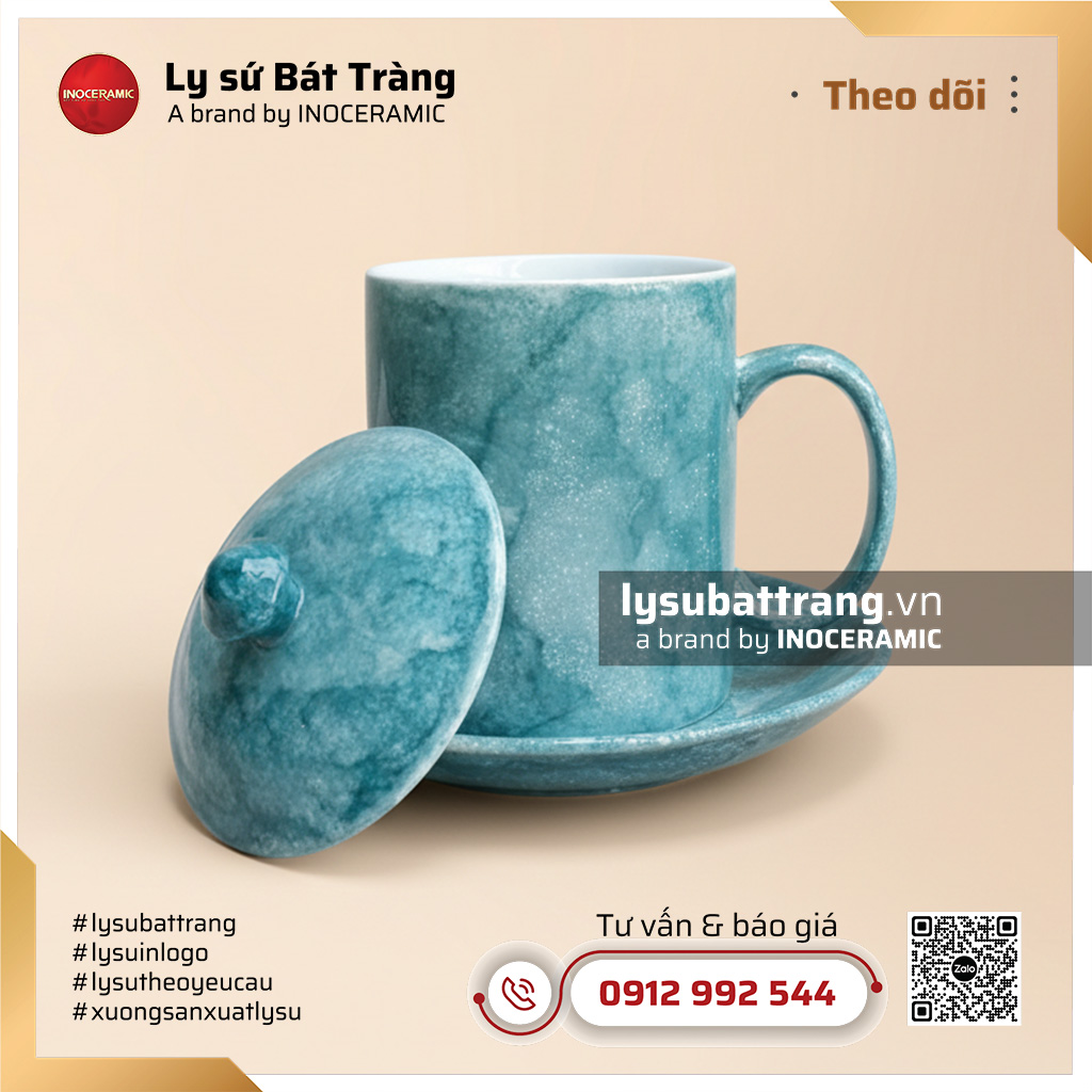 Ca trà có nắp kèm đĩa lót men vân đá màu lam ngọc – Hình 3