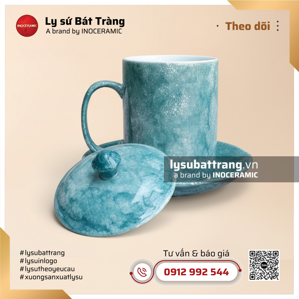 Ca trà có nắp kèm đĩa lót men vân đá màu lam ngọc – Hình 4