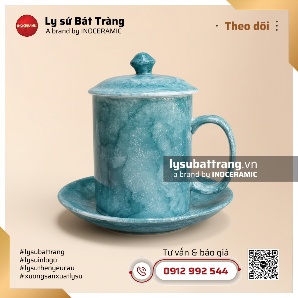 Ca trà có nắp kèm đĩa lót men vân đá màu lam ngọc