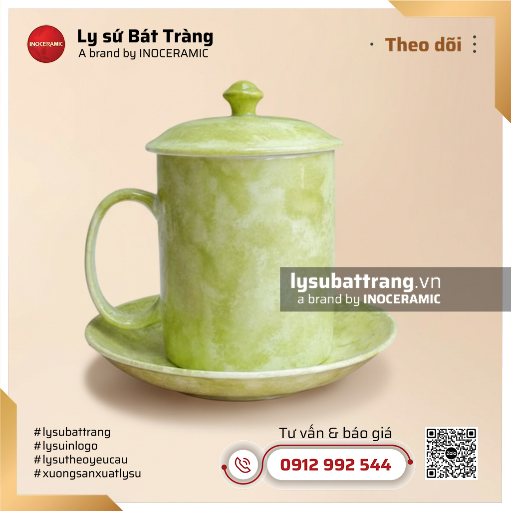 Ca trà có nắp kèm đĩa lót men vân đá xanh cốm – Hình 2