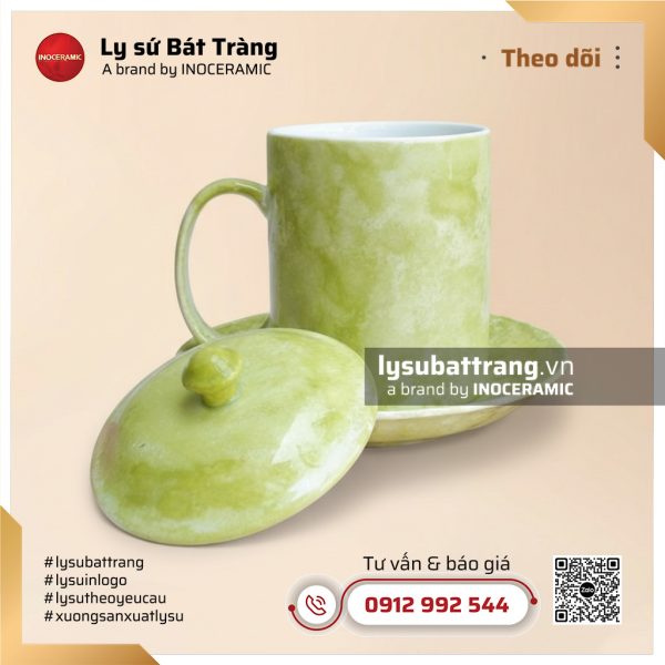 Ca trà có nắp kèm đĩa lót men vân đá xanh cốm – Hình 4