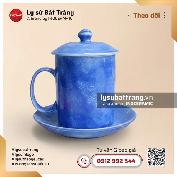 Ca trà có nắp kèm đĩa lót men vân đá màu xanh dương – Hình 2