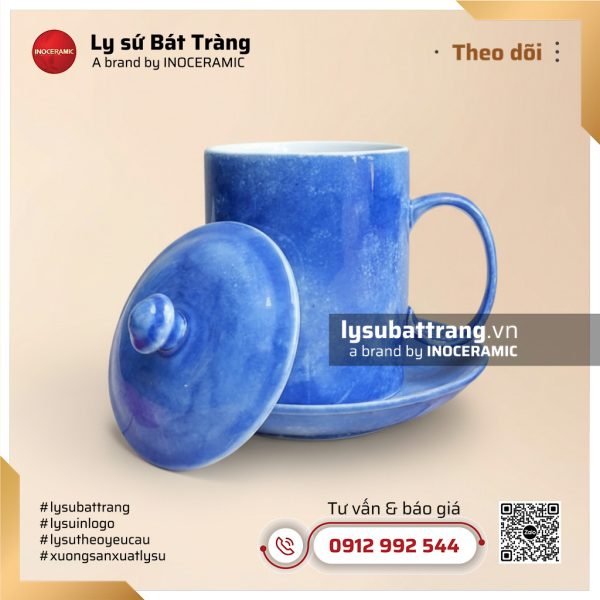 Ca trà có nắp kèm đĩa lót men vân đá màu xanh dương – Hình 3