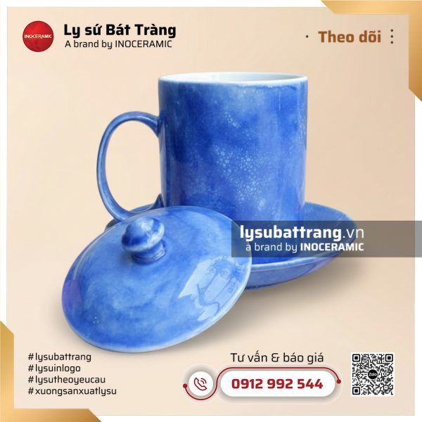 Ca trà có nắp kèm đĩa lót men vân đá màu xanh dương – Hình 4