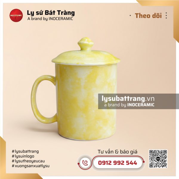 Ca trà có nắp màu vàng men vân đá – Hình 2