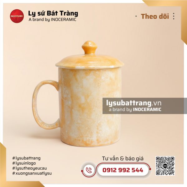 Ca trà sứ có nắp màu vàng chanh men vân đá – Hình 2