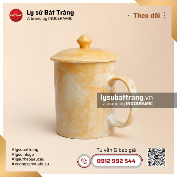 Ca trà sứ có nắp màu vàng chanh men vân đá – Hình 3