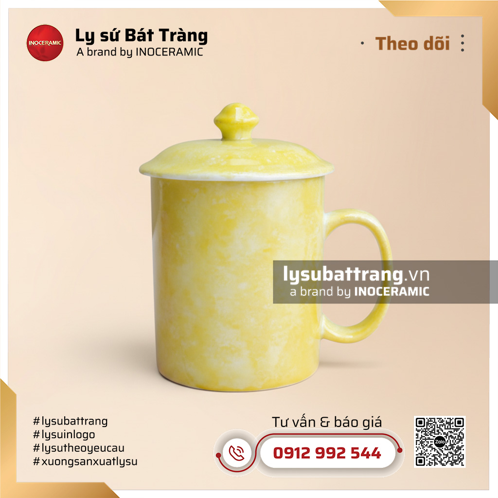 Ca trà có nắp màu vàng men vân đá