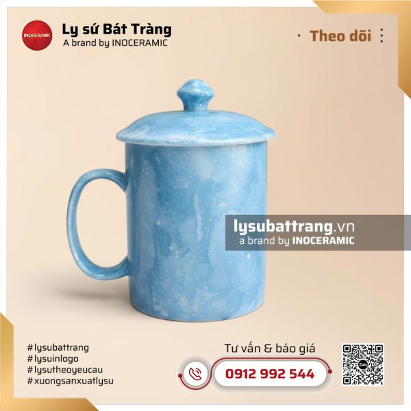 Ca trà có nắp màu xanh da trời men vân đá – Hình 2