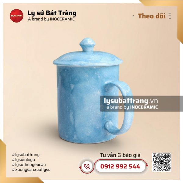 Ca trà có nắp màu xanh da trời men vân đá – Hình 3