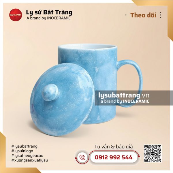 Ca trà có nắp màu xanh da trời men vân đá – Hình 4