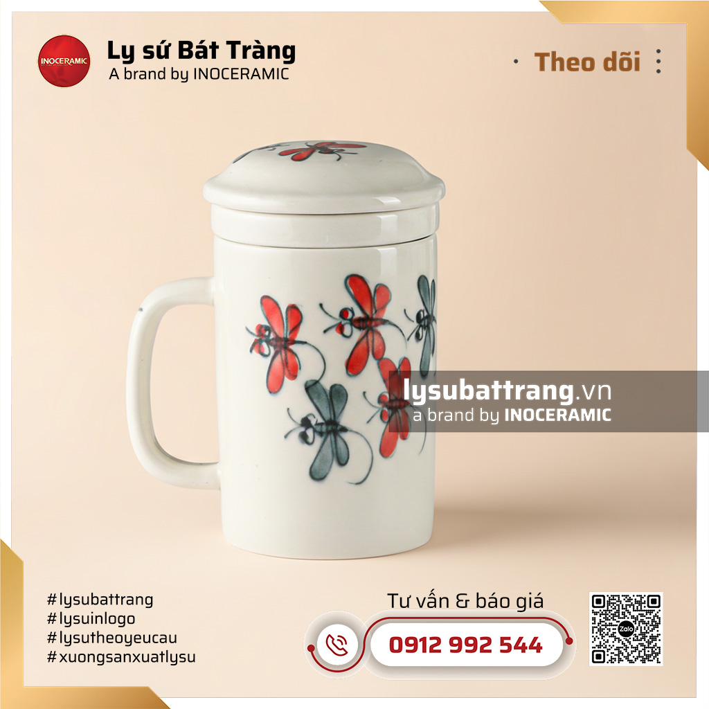 Cốc sứ trà có lọc chuồn chuồn ớt vẽ tay - Hoa văn