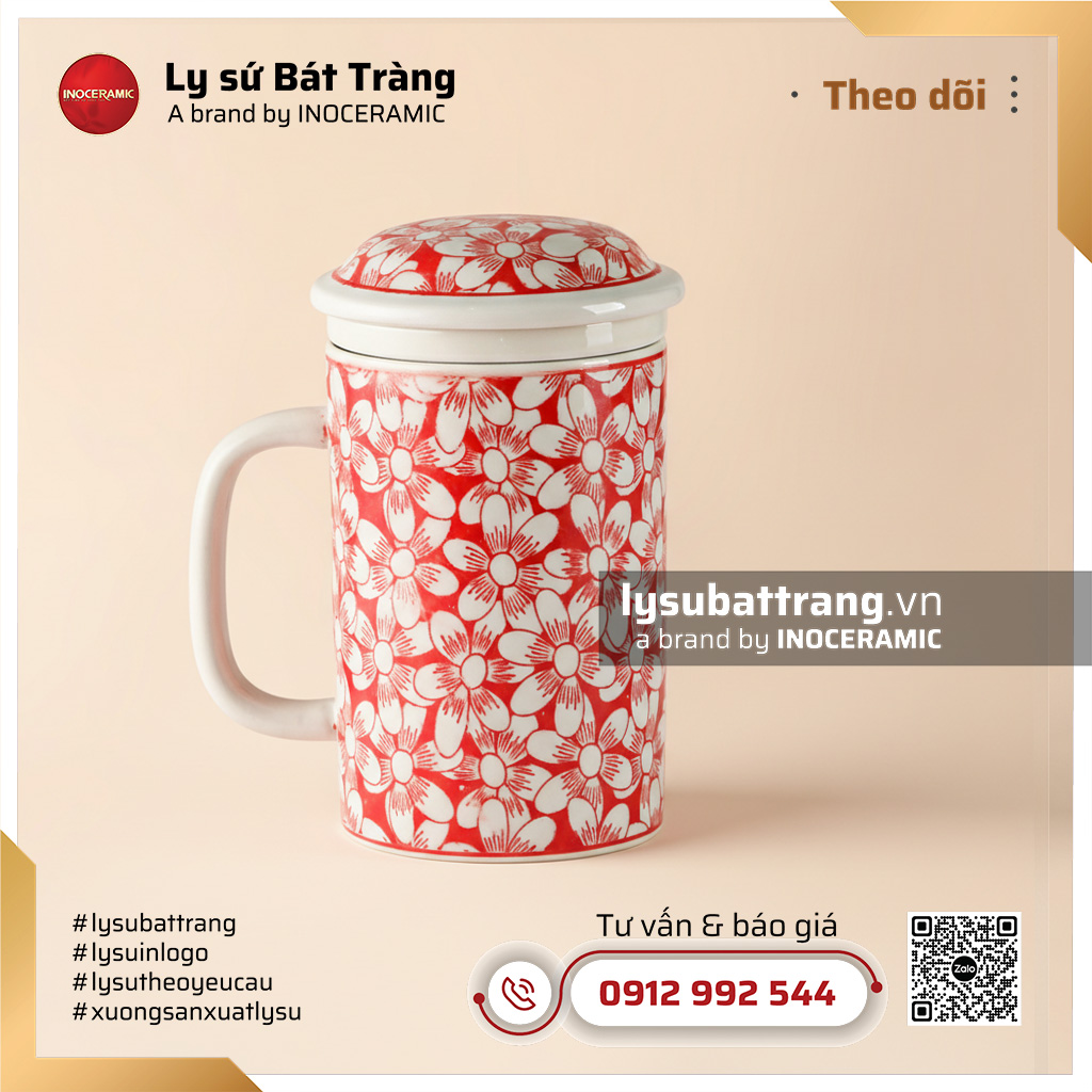 Cốc sứ lọc trà hoa cúc họa mi đỏ vẽ tay