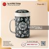 Ca lọc trà hoa sen nền sứ đen vẽ tay