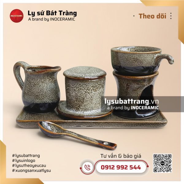 Khay phin tách cà phê kèm đế hâm rót sữa men nâu hỏa biến và thìa – Hình 2