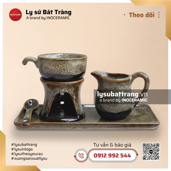 Khay tách cà phê kèm đế hâm rót sữa và thìa men nâu hỏa biến – Hình 3