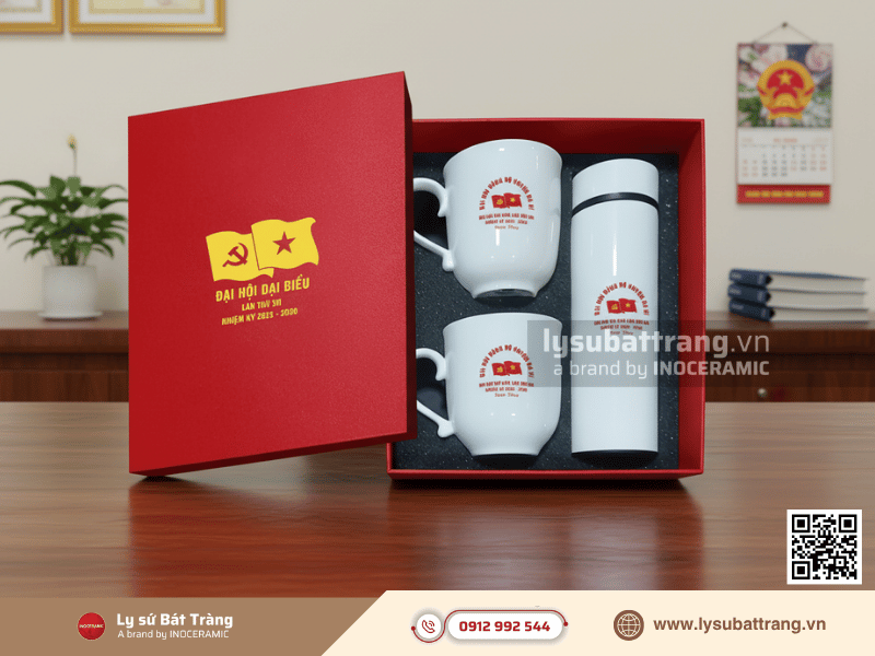 Giftset ly sứ Bát Tràng và bình giữ nhiệt làm quà tặng Đại hội Đảng nhiệm kỳ 2025 - 2030