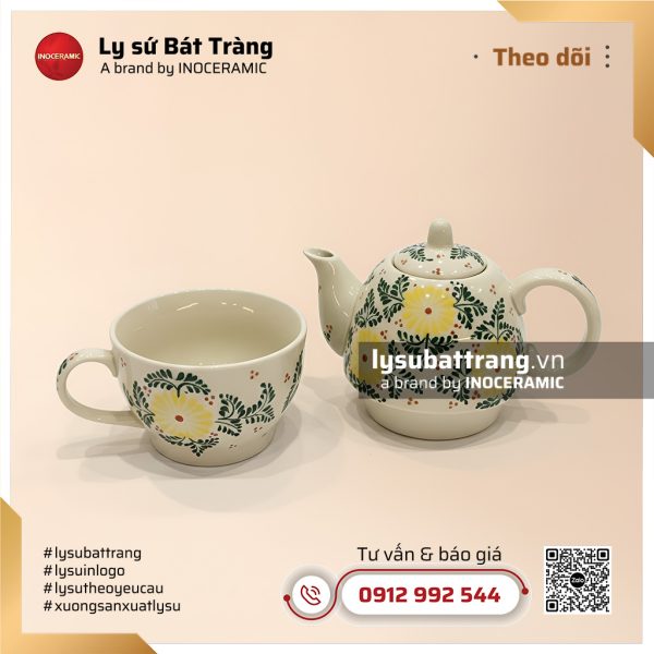 Bình trà độc ẩm cá nhân hoa cúc dây vẽ tay – Hình 2