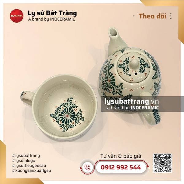 Bộ ấm trà độc ẩm sứ hoa cúc dây xanh – Hình 3