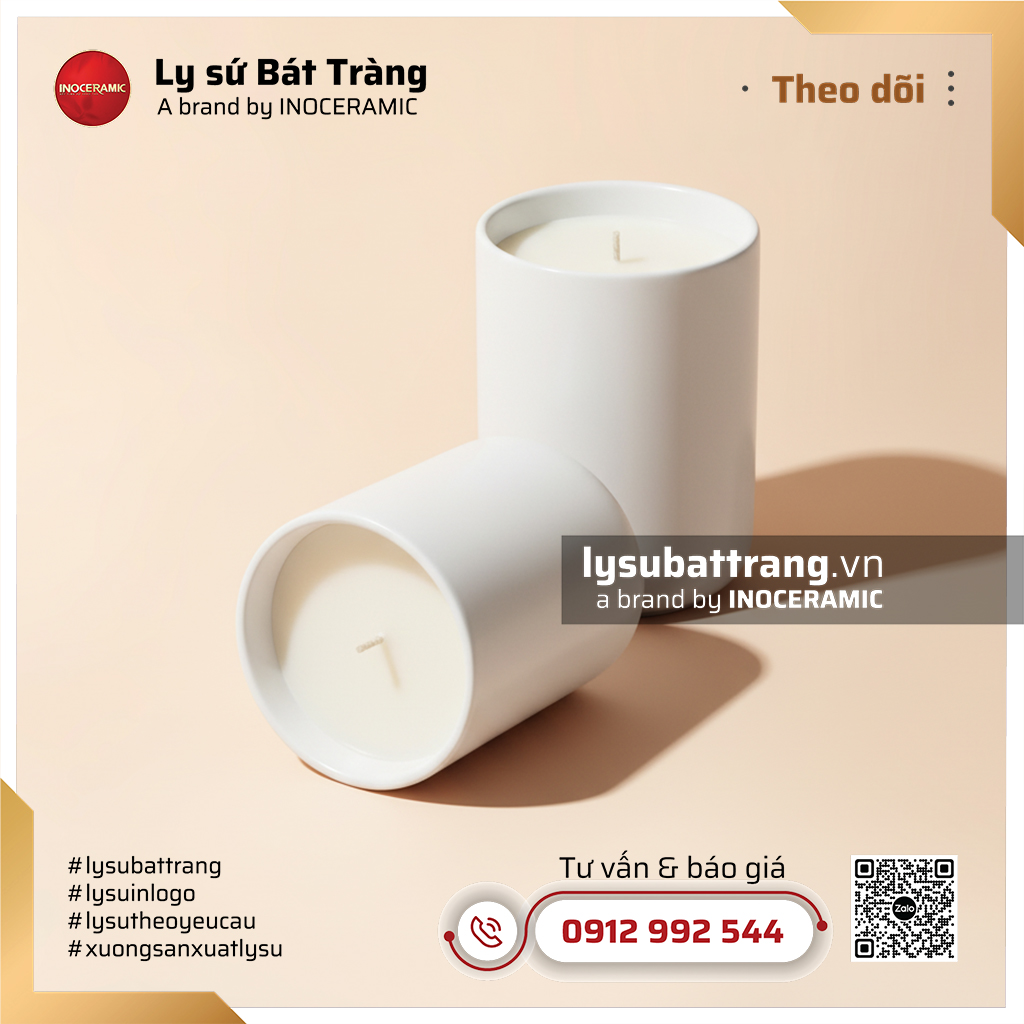 Ly đựng nến thơm trụ cao men trắng