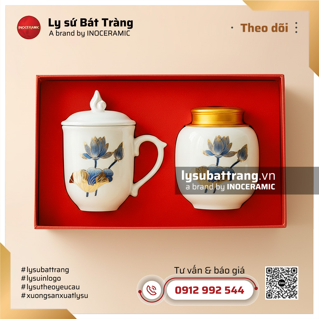 Bộ quà hũ đựng trà kèm ly sứ có nắp ngọn lửa Hoa Xanh