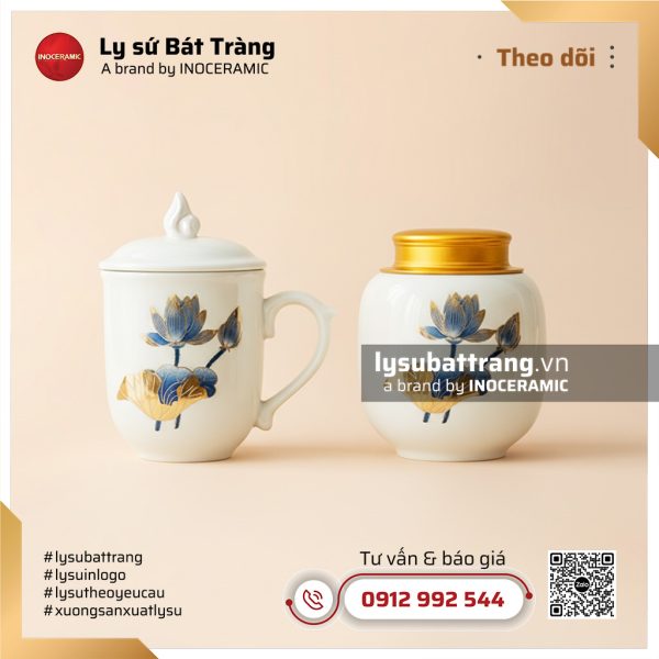 Giftset hũ đựng trà kèm ly sứ có nắp ngọn lửa Hoa Xanh