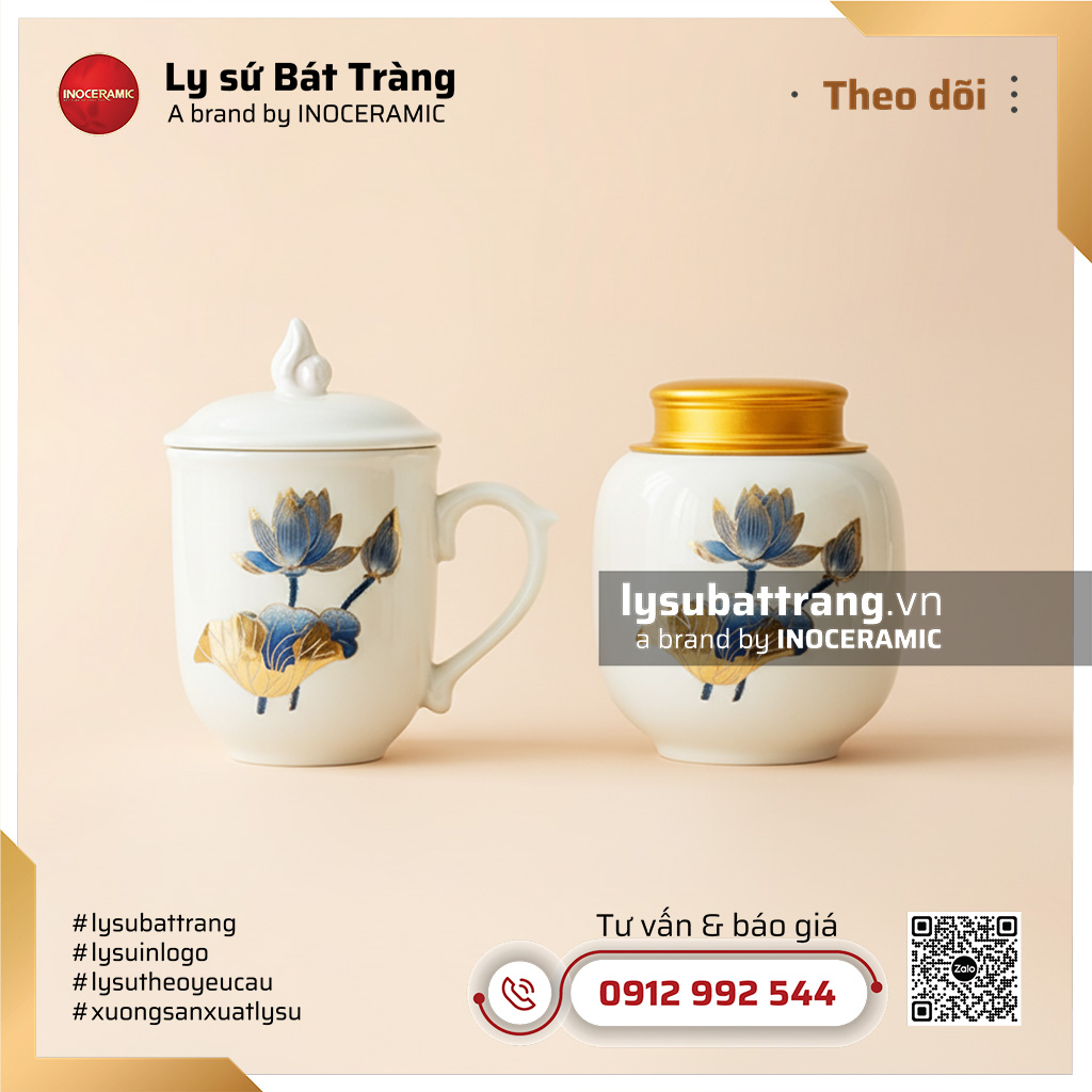 Giftset hũ đựng trà kèm ly sứ có nắp ngọn lửa Hoa Xanh