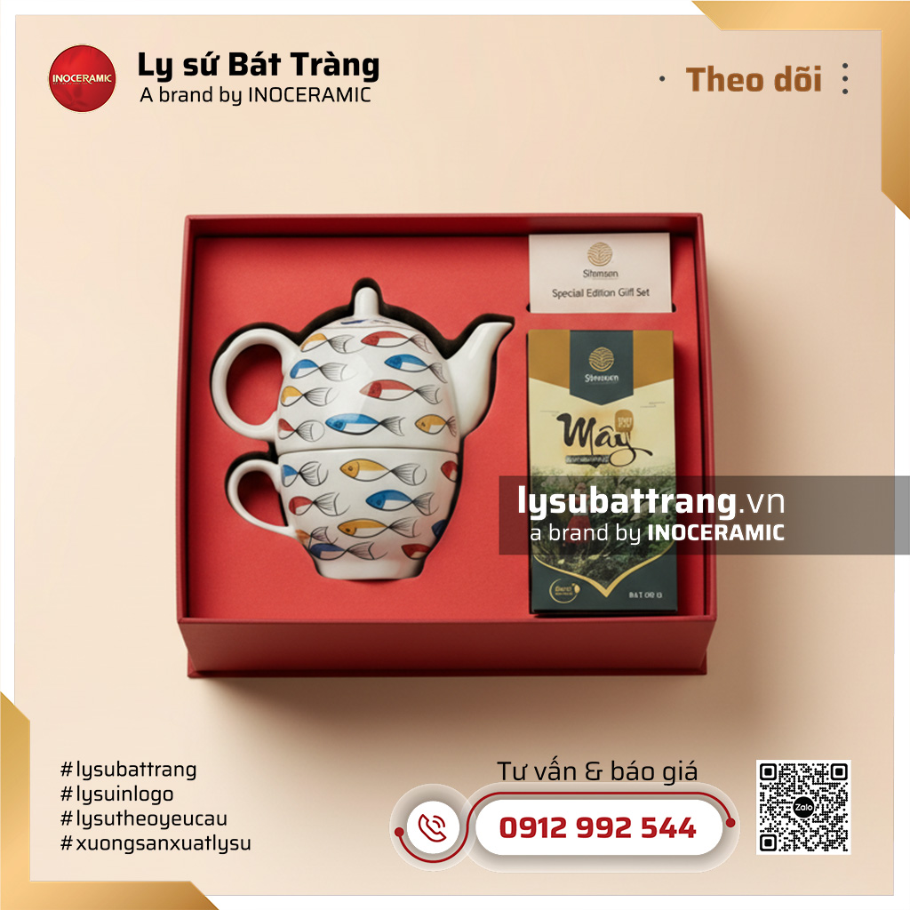 Bộ trà độc ẩm quà tặng vẽ cá guppy