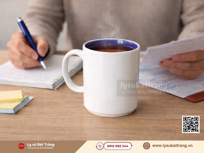 Ly sứ trường học dáng trụ quai C lòng màu là phiên bản nâng cấp đầy sáng tạo từ mẫu ly trắng truyền thống.
