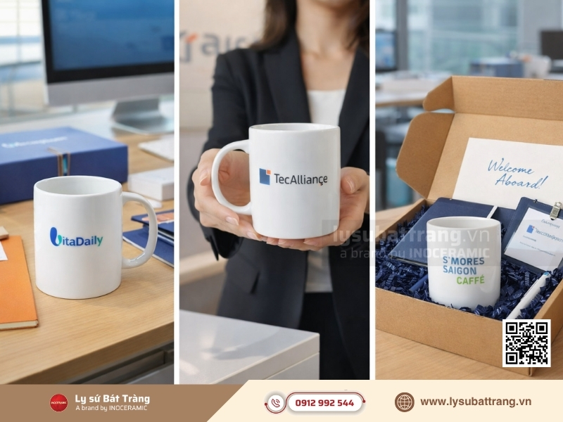 Ly sứ quà tặng Onboarding màu trắng in logo doanh nghiệp dễ đồng bộ hình ảnh thương hiệu và phù hợp sử dụng mỗi ngày trong Welcome Kit