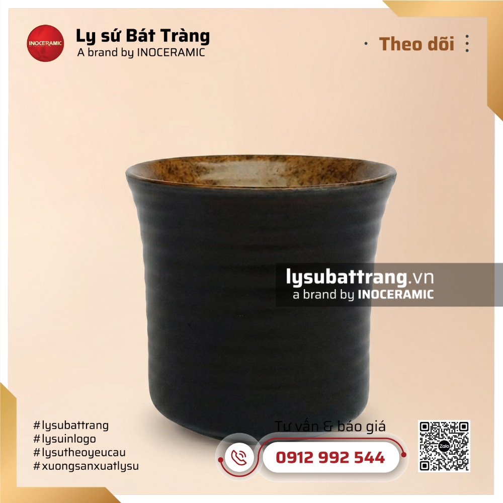 Cốc khắc chữ coffe 200ml – Men đen lòng gốm – Hình 2