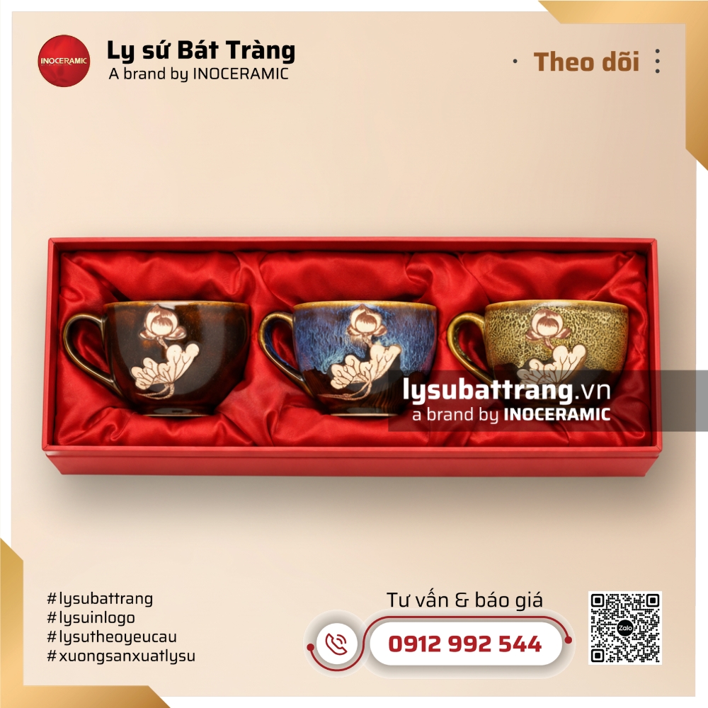 Set quà tặng ly sứ họa tiết hoa sen thanh lịch