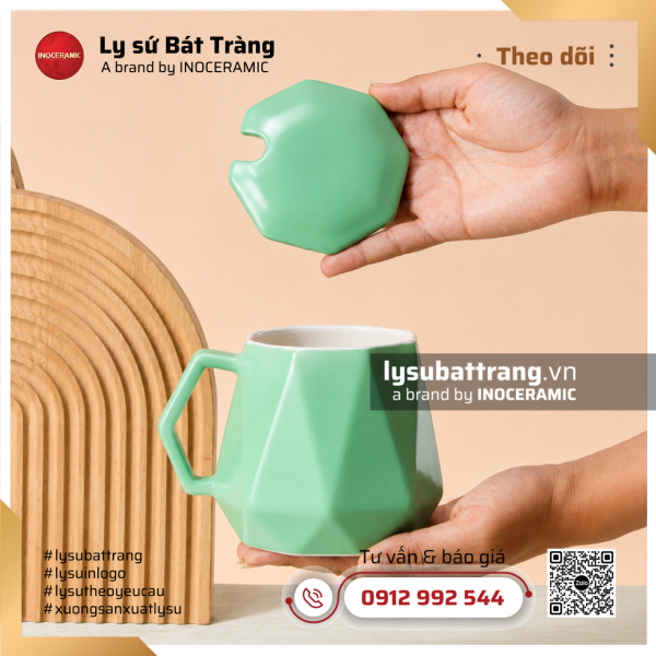 Ly sứ đa diện quai lục giác có nắp xanh ngọc – Men màu – Hình 2