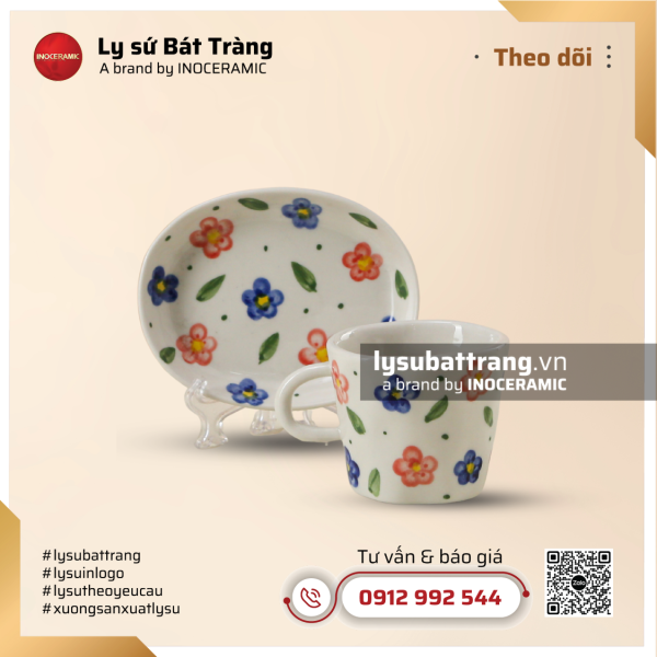Tách cà phê kèm đĩa hoa nhí xanh đỏ – Hình 2