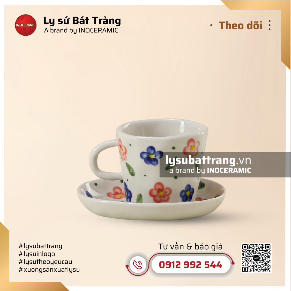 Tách cà phê kèm đĩa hoa nhí xanh đỏ