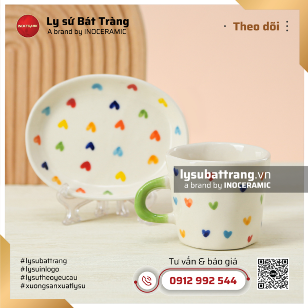 Bộ tách ly sứ espresso trái tim màu – Hình 2