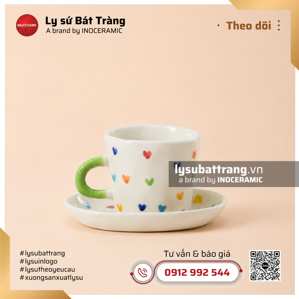 Bộ tách ly sứ espresso trái tim màu