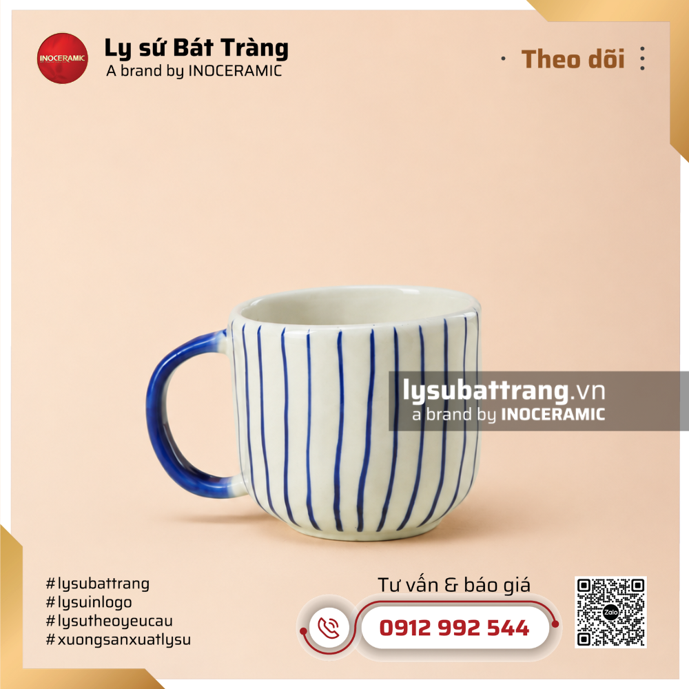 Cốc sứ quai C kẻ dọc xanh