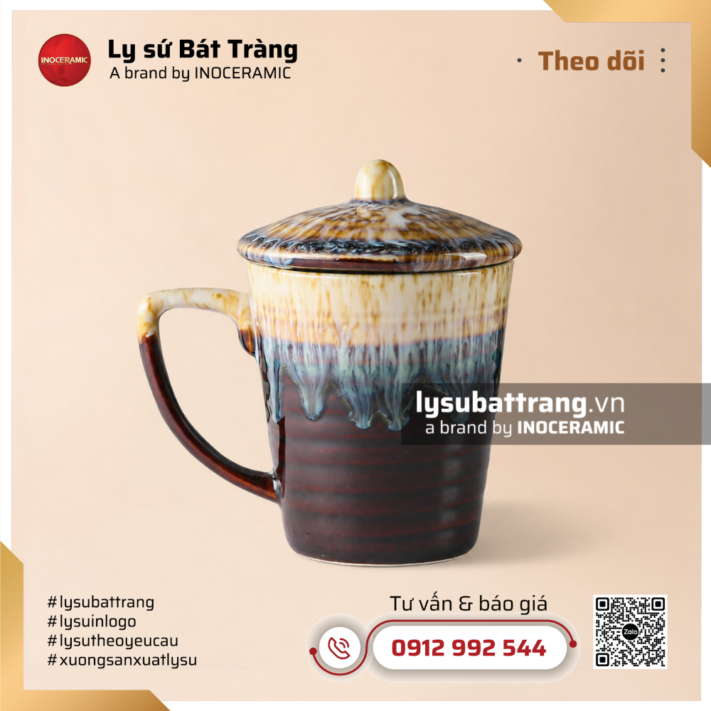 Cốc sứ quai tai kèm nắp Nguyên Hỏa