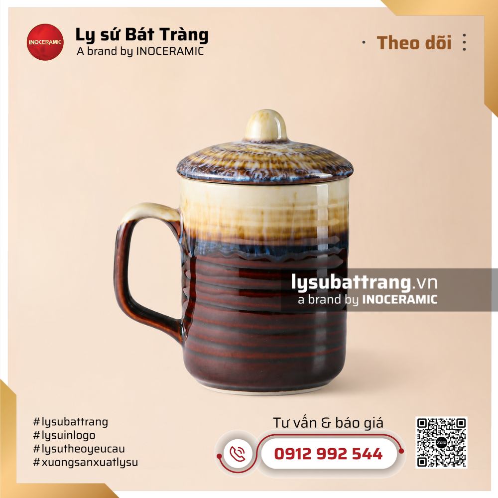 Cốc sứ thân trụ quai C có nắp Nguyên Hỏa