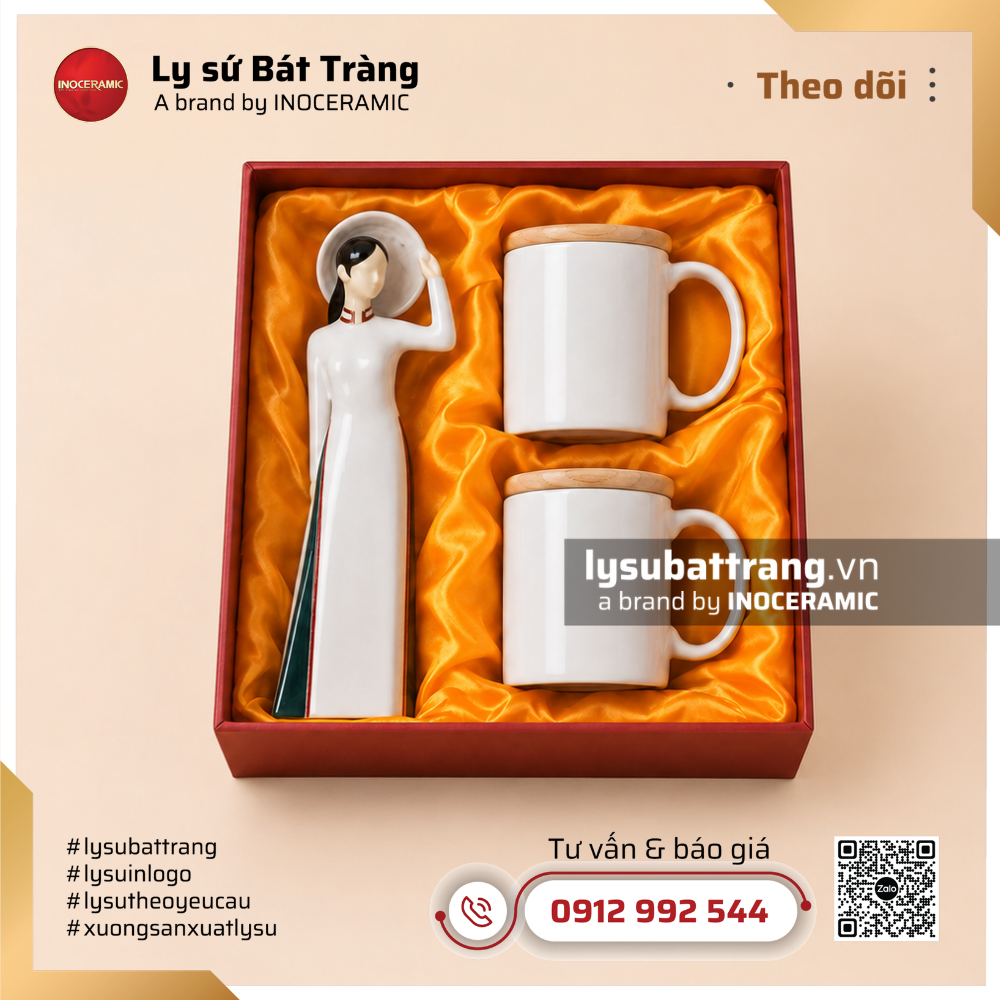 Set ly sứ nắp gỗ công đoàn tặng nữ nhân viên - An Sương
