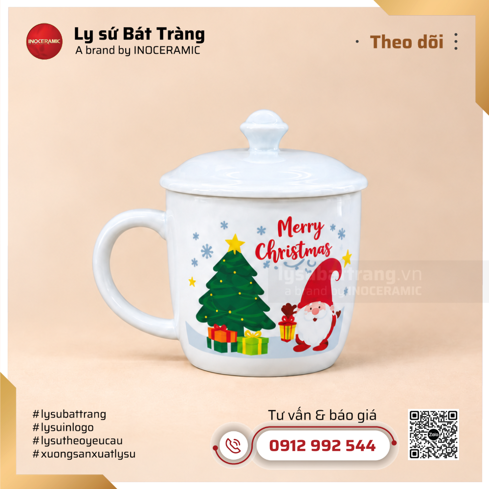 Bộ ly sứ giáng sinh có nắp in logo – Quà tặng noel cho doanh nghiệp cao cấp
