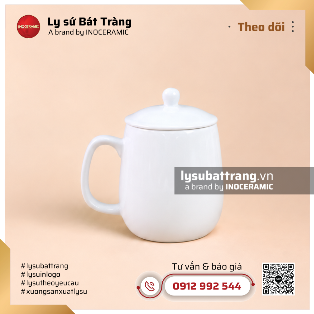Ly sứ dáng bầu có nắp 280ml - Men trắng