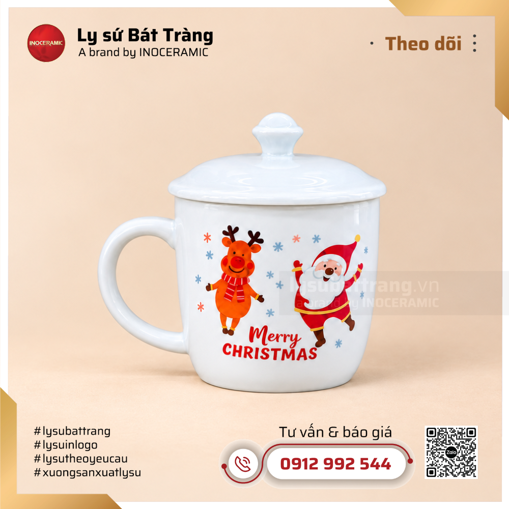 Ly sứ noel có nắp họa tiết cây thông và chú lùn Gnome