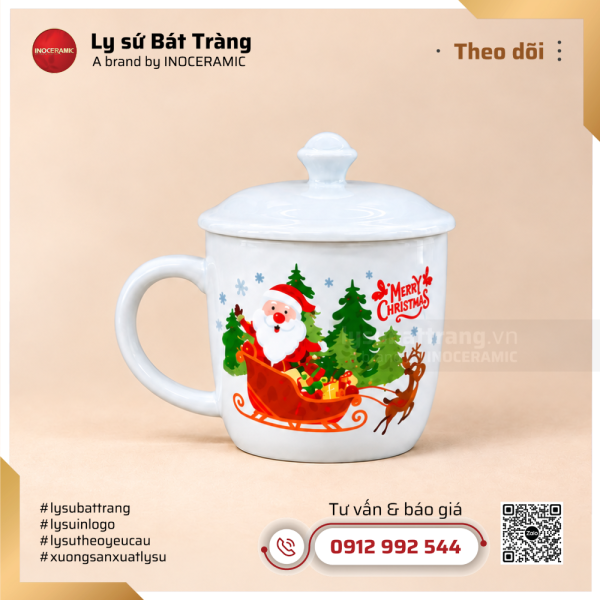 Ly sứ noel có nắp họa tiết cỗ xe tuần lộc giáng sinh