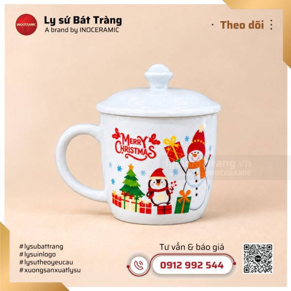 Ly sứ noel có nắp họa tiết người tuyết và chim cánh cụt vui nhộn