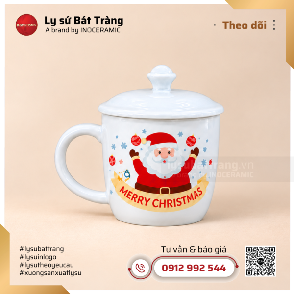 Ly sứ noel có nắp họa tiết ông già noel giáng sinh an lành